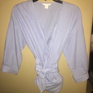 Blue and white striped wrap shirt